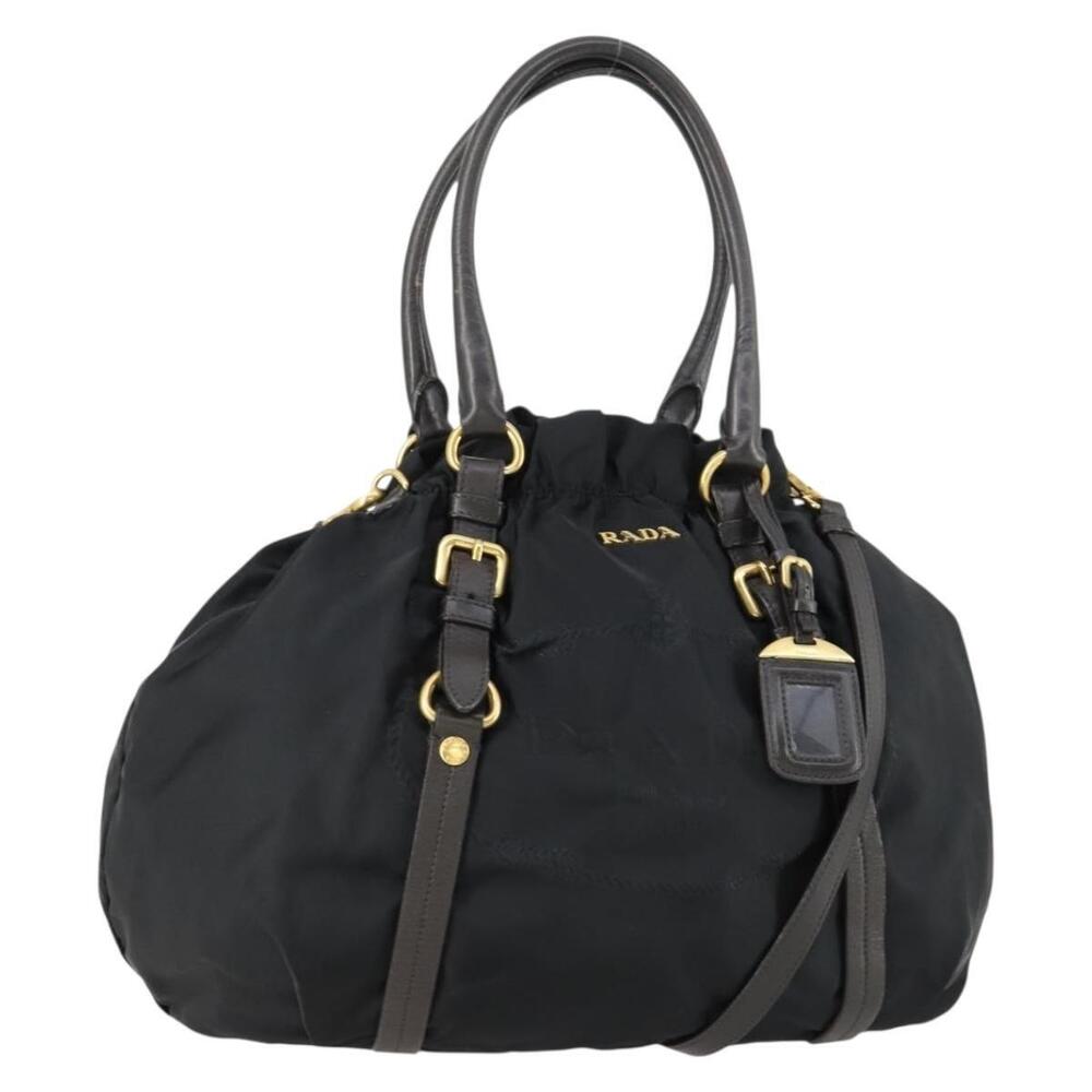 PRADA Hand Bag Nylon Leather 2way Black Gold Auth 156149 - Picture 1 of 16